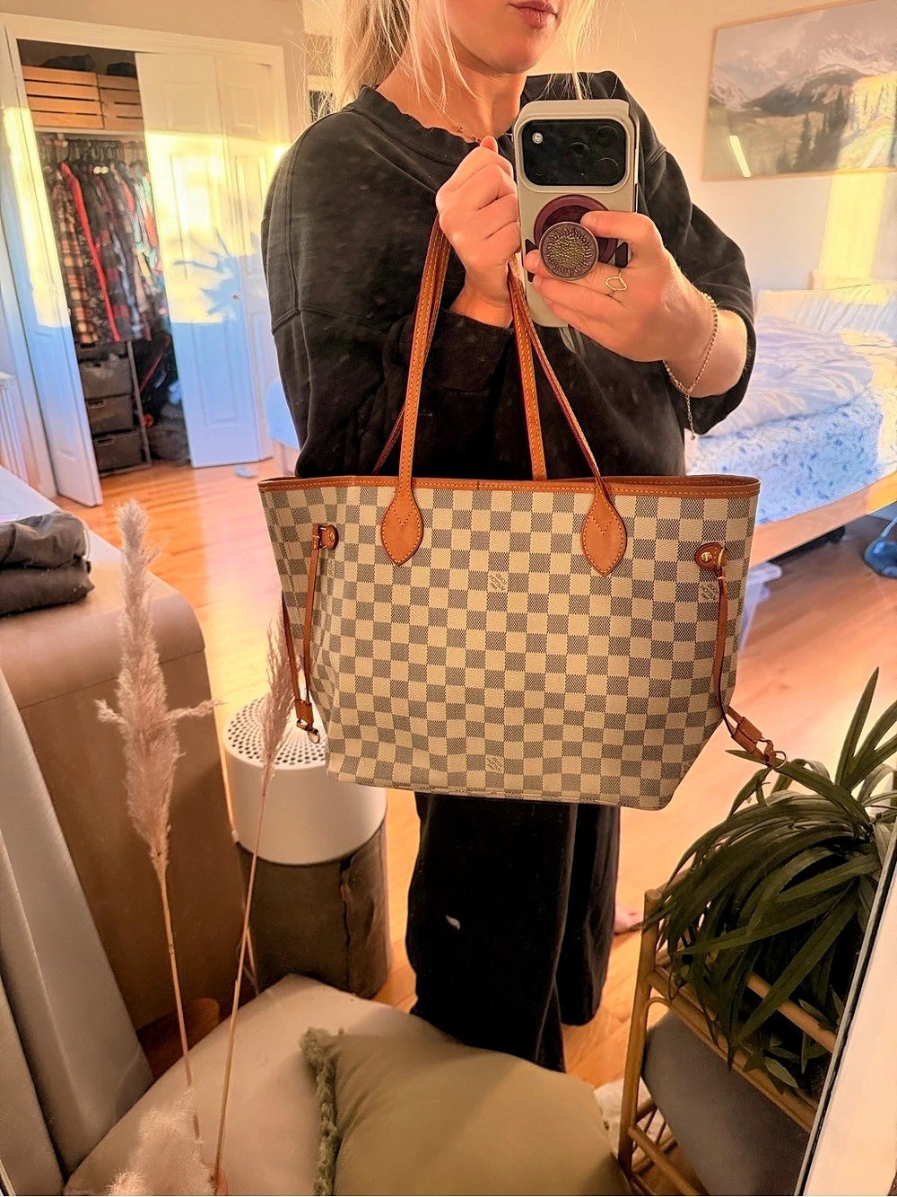 Louis Vuitton Neverfull MM Checkered Tote in Brown & White